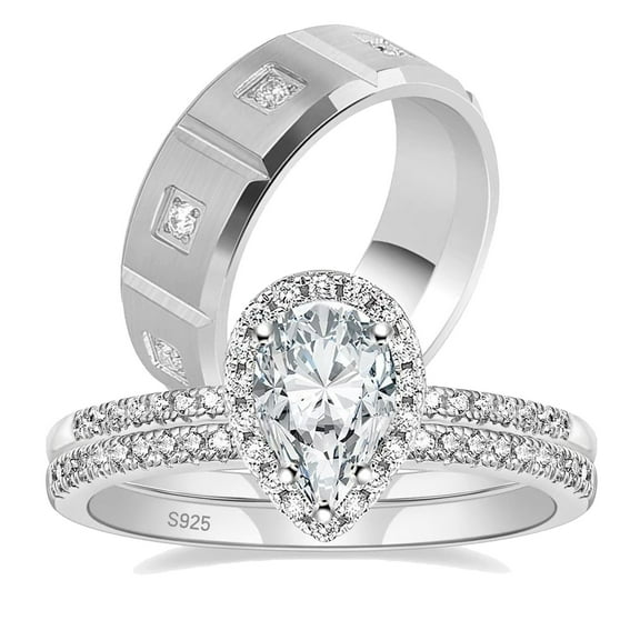 Couple Rings White Gold Plated 925 Sterling Silver Ring Pear 1.5CT AAAAA CZ Women Wedding Ring Sets Men Titanium Steel Ring