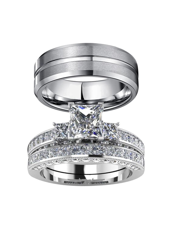 Couple Rings White Gold Plated 925 Sterling Silver Ring Square 1.5CT CZ Women Wedding Ring Sets Men Titanium Steel Ring