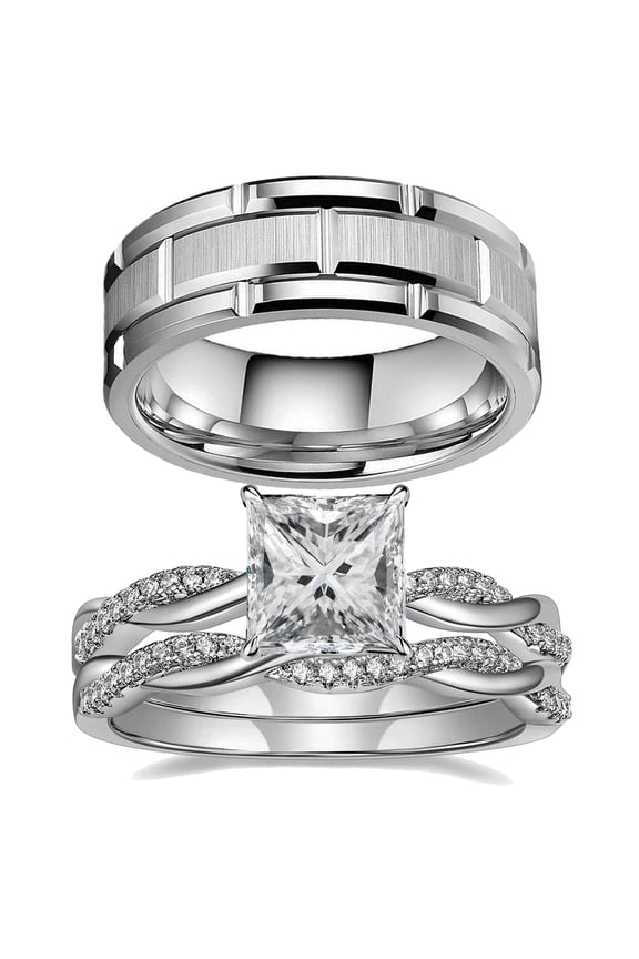 Couple Rings White Gold Plated 925 Sterling Silver Ring Square 1CT AAAAA CZ Women Wedding Ring Sets Men Titanium Steel Ring