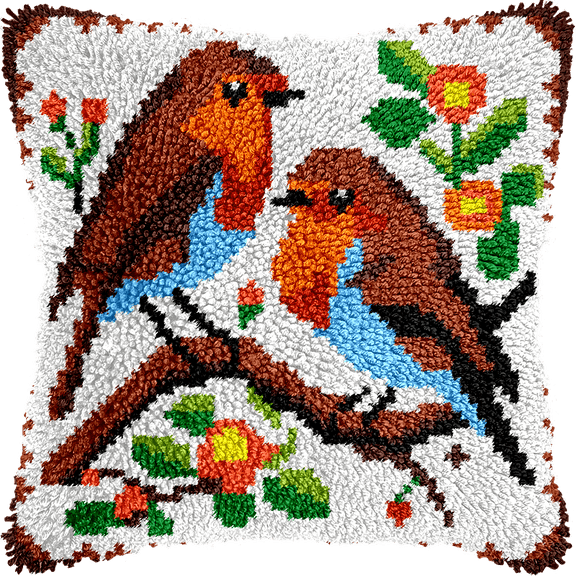 Latch Hook Kit for Adults, DIY Robin Bird Pillow & Rug Craft Kit for Beginners, Animal Handmade Yarn Art, Relaxing Home Sofa Decor Gift
