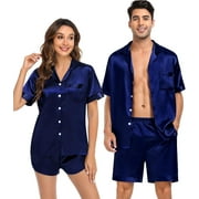 WINDAMAZINGSTORY Couple Satin Matching Pajamas Sets Short Sleeve Sleepwear Silk Button Down Nightwear2 Pieces Loungewear with Shorts