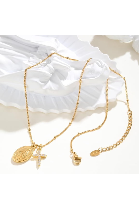Couple Set Cross Mary Gold Plated Medallion Cross Choker Necklace Women