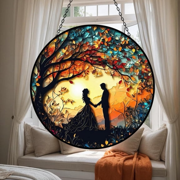 Couple Silhouette Glass Suncatcher, Love Tree Sunset Window Art, Romantic Anniversary, 3.5 in
