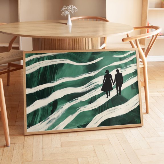 Couple Silhouette Wall Art Green Waves Art Vintage Style Decor Room Interior Display
