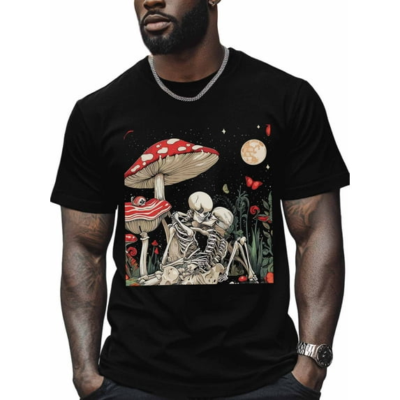 Couple Skull Kiss Men's T Shirts Mushroom T-Shirt for Men Crew Neck Tees Cotton Tops, Black, S