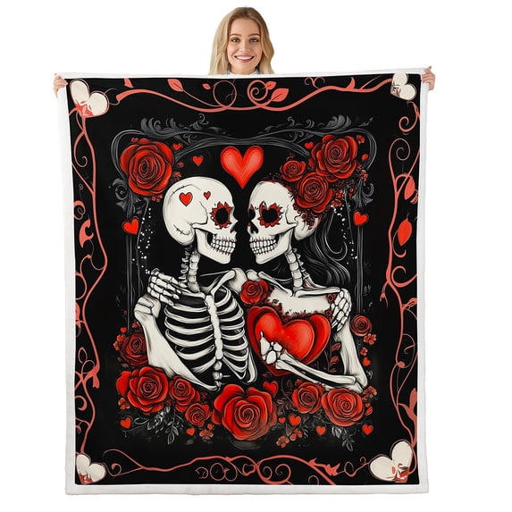 Couple Skull Throw Blanket 30"X40",Gothic Skull Red Roses Fleece Blanket Adults Bed,White Skeleton Lovers Sherpa Blanket Romantic Flower Love Heart Flannel Blanket