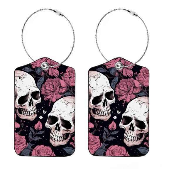 Couple Skulls Square PU Leather Luggage Tags - 2 Pack with Privacy Cover and Stainless Steel Ring - Suitable for Travel, Backpack, Handbag - Suitcase Tags, Travel Tag