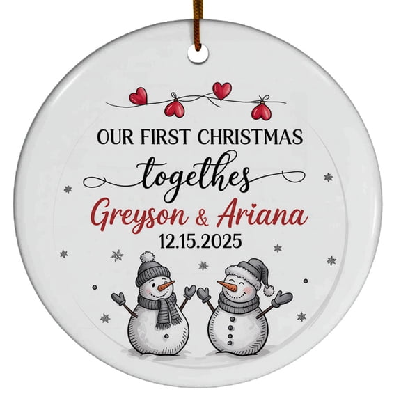 Couple Snowman Together Ceramic Christmas Ornament 2025, Our First Christmas Together, Custom Name Text Date Snowman Christmas Ornament Gift for Couple