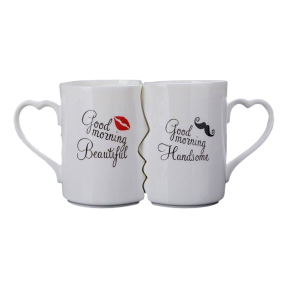 Couple Style Mugs Pair Matching Interactive Wave Design Heart Shaped Handle Good Morning Beautiful Handsome Ceramic Cups 2Pc Weight 1.98 Lb
