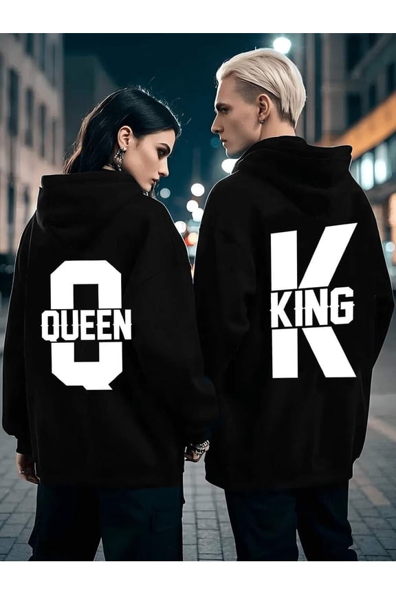 Couple Style Queen And King Printed Hoodie - Valentine's Day Street Style Bold Letter Print Pullover Sweatshirt With Pockets Long Sleeve Sweatshirt Machine Washable Autumn Winter Outdoor Clothing (So