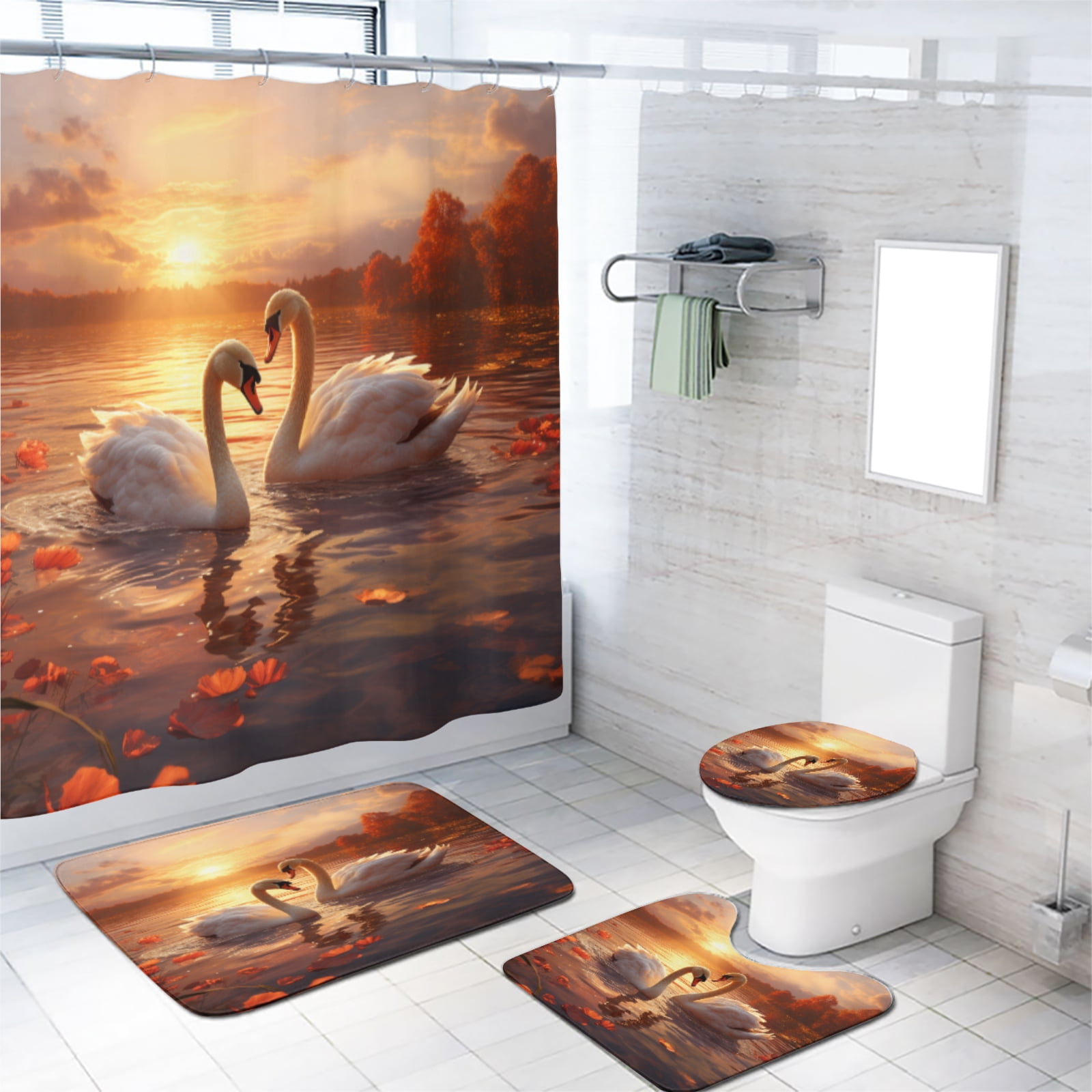 Couple Swan 4 Pieces Shower Curtain Set with Non-Slip Rug River Floral Autumn Sunset Natural Scenery with Toilet Lid Cover and Bath Mat, Waterproof Shower Curtain with 12 Hooks, 72x72 Inch