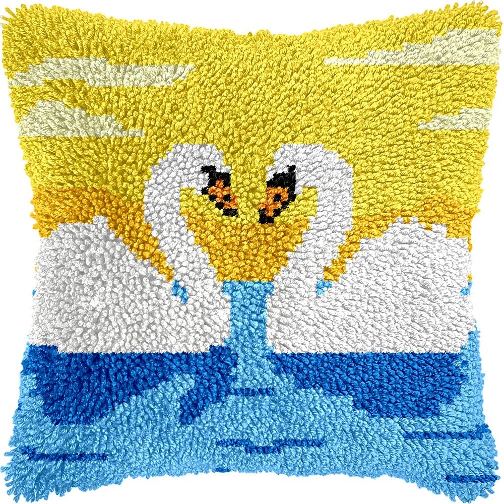 Couple of Swan Latch Hook Pillow Cover Kits for DIY Handmade Throw Pillow Cross Stitch Latch Hooking Pillowcase Kits with Preprinted Color Pattern Canvas Crochet Yarn Kits 17''X 17''(8-69)