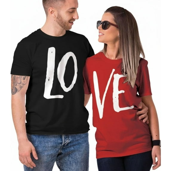 Couple T Shirt Couple Love Matching Outfits - LO VE - Valentine T-Shirt Short Sleeve Minimalist Clothing for Woman Man, 2 Pack