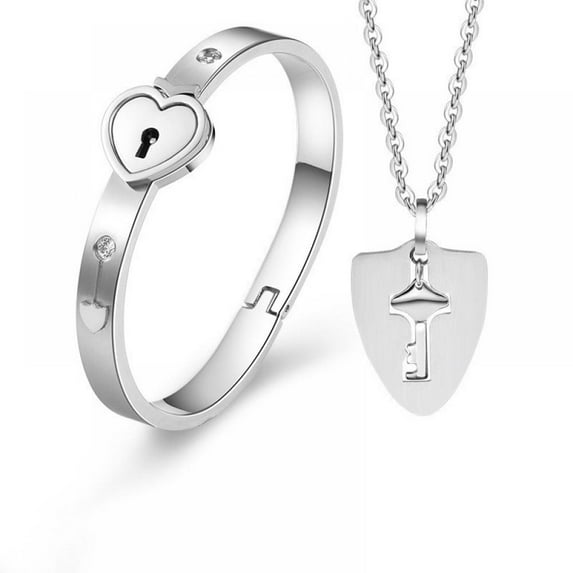 Titanium Heart Love Lock Bracelet with Key Pendant Necklace Steel Bangle Sets Couple Gifts