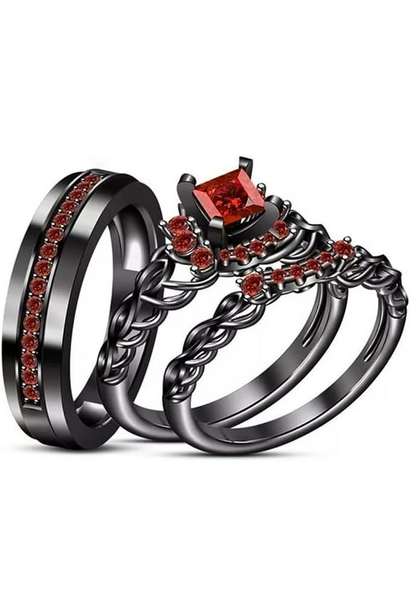 Couple Trio Wedding Ring Set 14k Black Gold Plated 3Ct Princess Cut Simulated Garnet
