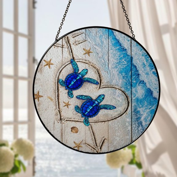 Couple Turtle Glass Suncatcher, Sea Turtle Window Hanging Ocean Animal Beach, 3.5 in