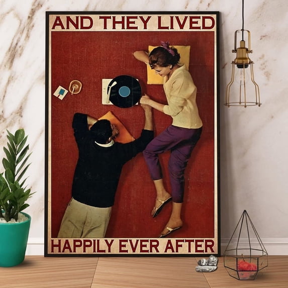 Couple Vinyl They Lived Happily Ever After Retro Metal Tin Signs Vintage Aluminum Sign for Home Room Metal Decor 8x12 Inch