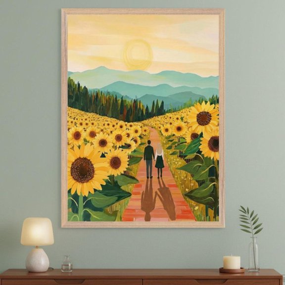 Couple Walking Hand Sunflower Field Romantic Sunset Landscape Cottagecore Wall Decor Unframed Paper Print