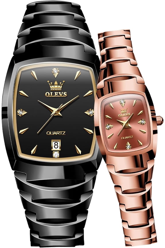 Couple Watch Men and Women His and Her Watches Set Analog Quartz Date Diamond Stainless Steel Waterproof Luminous Wrist Watch