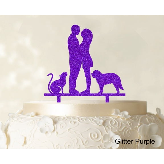 "Couple Wedding Cake Topper With Pets Silhouette Wedding Topper Cake Decorations Color Option Available 6.5""-7.5"" Inches Wide"
