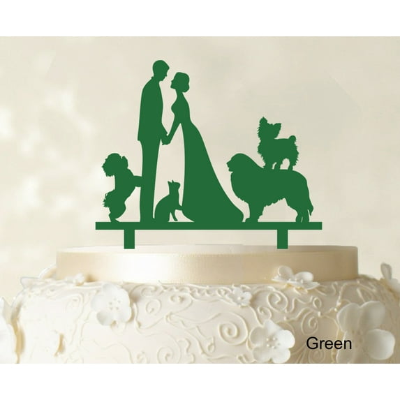 "Couple Wedding Cake Topper With Pets Silhouette Wedding Topper Cake Decorations Color Option Available 6""-7"" Inches Wide"