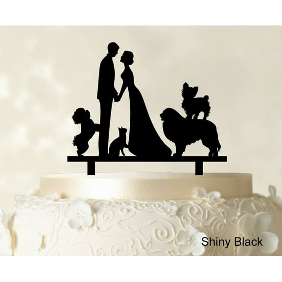 "Couple Wedding Cake Topper With Pets Silhouette Wedding Topper Cake Decorations Color Option Available 6""-7"" Inches Wide"