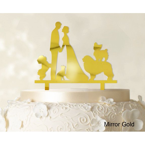 "Couple Wedding Cake Topper With Pets Silhouette Wedding Topper Cake Decorations Color Option Available 6""-7"" Inches Wide"