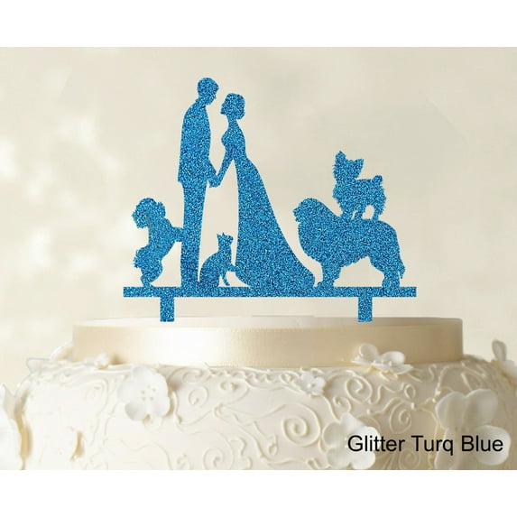 "Couple Wedding Cake Topper With Pets Silhouette Wedding Topper Cake Decorations Color Option Available 6""-7"" Inches Wide"