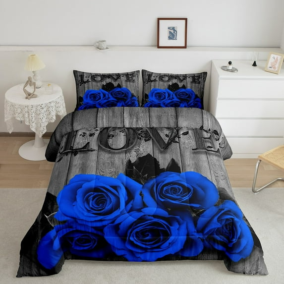 YST Couple Wedding Comforter Valentine'S Day Rose Floral Bedding Set Full Romantic Royal Blue Rose Comforter Set For Girls Women Pastoral Farmhouse Flowers Quilt Duvet Insert 2 Pillow Cases