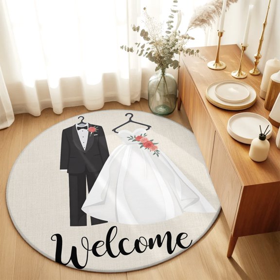 Couple Wedding Dress Round Rug 3ft Modern Simple Romantic Art Washable Area Rugs for Living Room Bedroom Entryway Non Slip Entrance Door Mat Indoor Floor Carpet