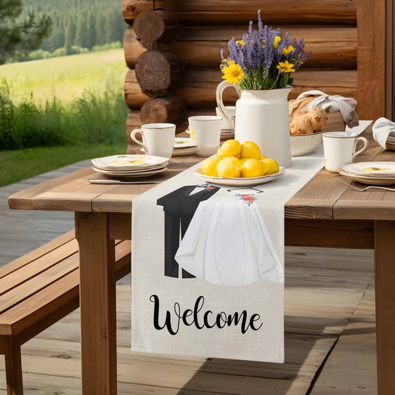 Couple Wedding Dress Table Runner 13x36in Non-Slip Cotton Linen Table Runners, Modern Simple Romantic Art Dresser Scarves TableRunner for Dinner Kitchen Dining Wedding Party
