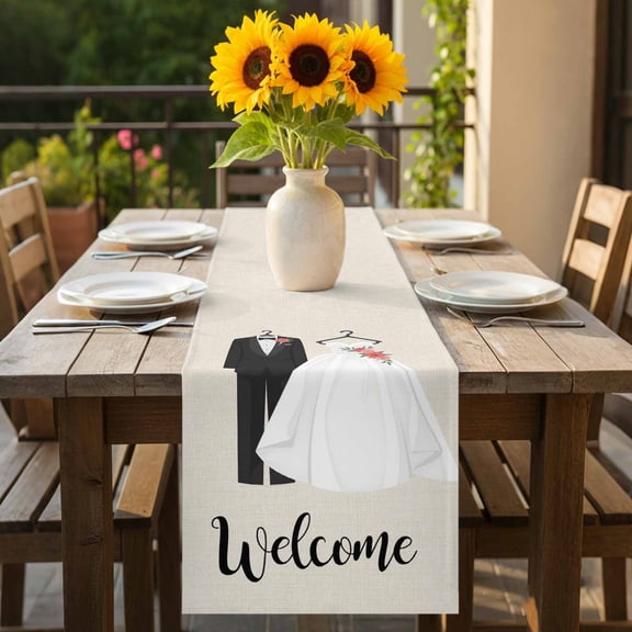 Couple Wedding Dress Table Runner 36 Inches Long,Kitchen Dining Tablerunners Modern Simple Romantic Art Linen Table Runners Dresser Scarves for Home Dinner Wedding Holiday Party Decor