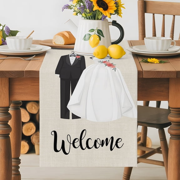 Couple Wedding Dress Table Runner 36 Inches Long, Modern Simple Romantic Art Table Runners Tabletop Scarf Kitchen Dining Tables Decoration for Home Party Indoor Outdoor