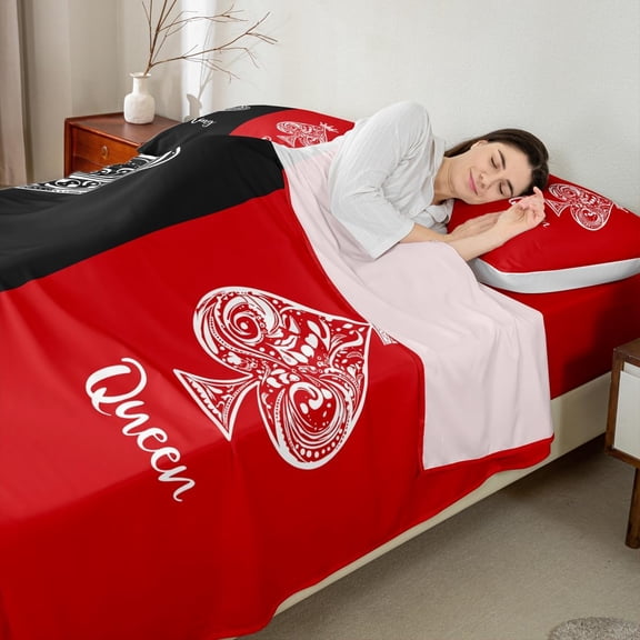 Couple Wedding Sheet Set - King and Queen Sheets, Red and Black Fitted Sheets for Couple, I Love You Gift for Her, Anniversary Present