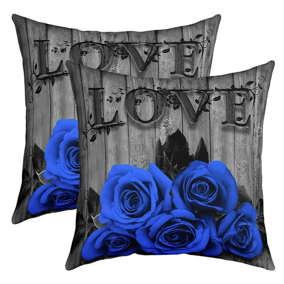 Couple Wedding Throw Pillow Covers Valentine's Day Rose Floral Cushion Cases 18x18 inch set of 2 Romantic Royal Blue Rose Square Pillow Cases for Girls Women Pastoral Farmhouse Flowers Cushion Covers