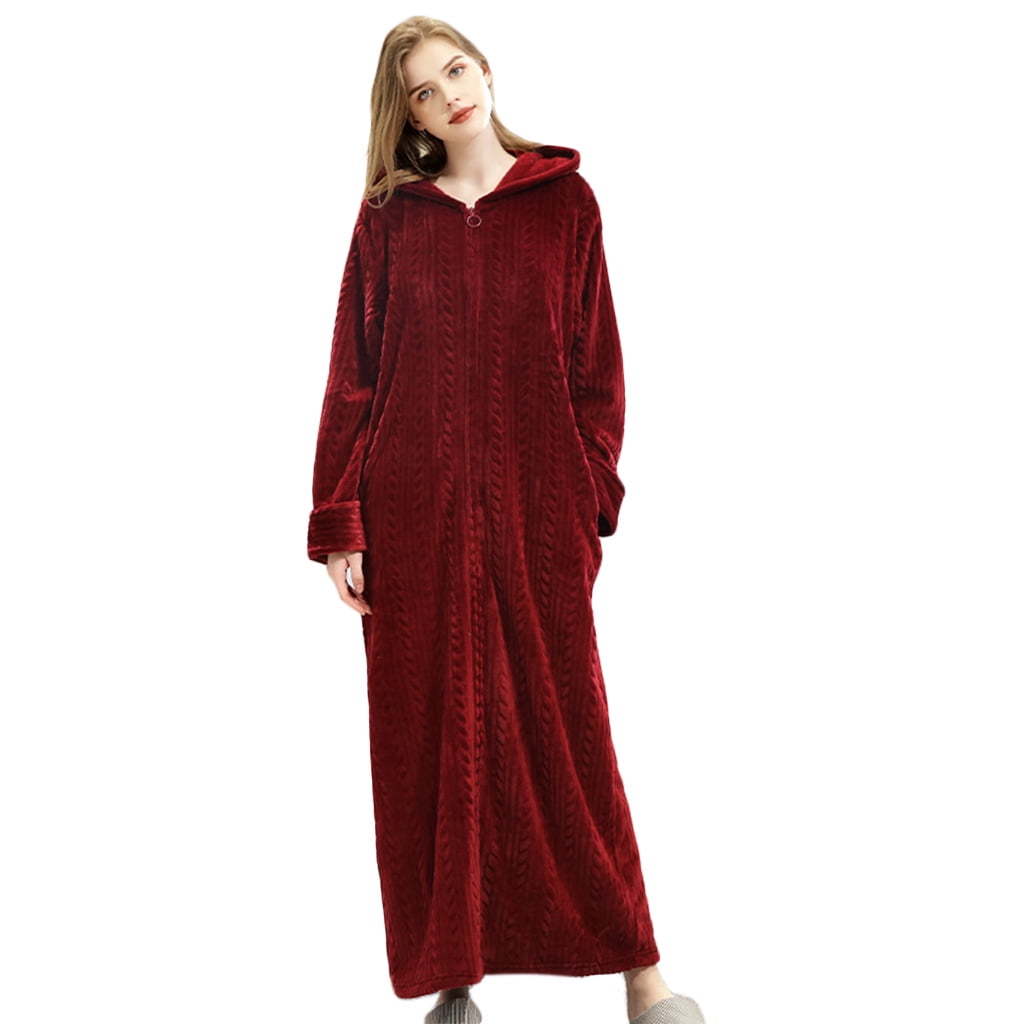 Couple Winter Flannel Hoodie Bathrobe Zipper Front Kimono Robe Plush ...