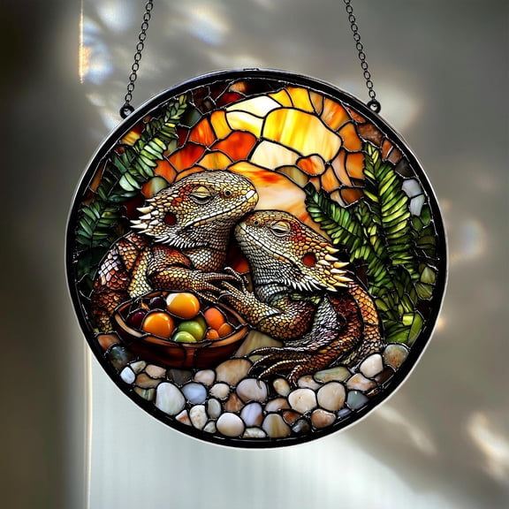 Couple of Bearded Dragons Faux Stained Glass Suncatcher, Personalized Lizard Portrait Window Hanging, Memorial Gift for Lizard Lovers