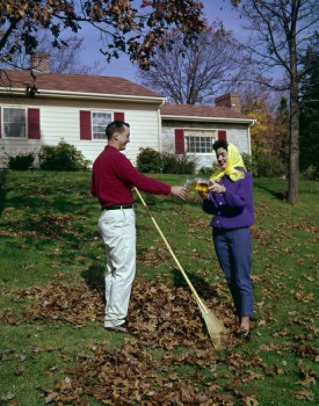 Couple raking leaves in backyard Canvas Art - (18 x 24)