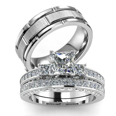 Couple rings Wedding Ring Set Women Square cut Moissanite Engagement Ring in Sterling Silver Man Titanium Bands