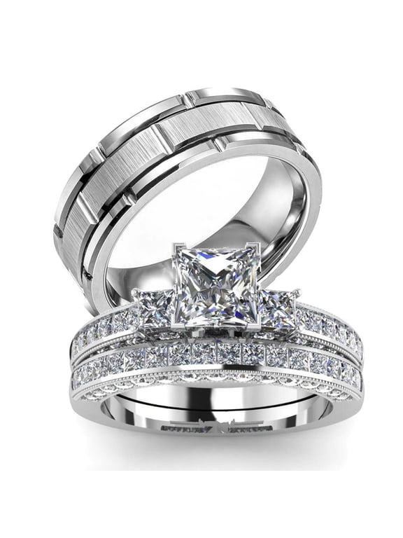 Couple rings Wedding Ring Set Women Square cut Moissanite Engagement Ring in Sterling Silver Man Titanium Bands
