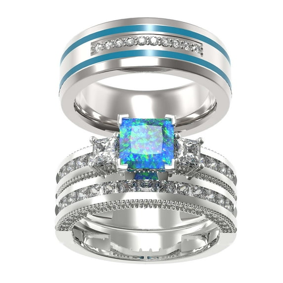 Couple rings Wedding Ring Set Women Square cut opal Engagement Ring in Sterling Silver Man Titanium Bands