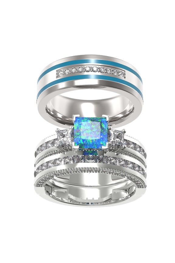 Couple rings Wedding Ring Set Women Square cut opal Engagement Ring in Sterling Silver Man Titanium Bands