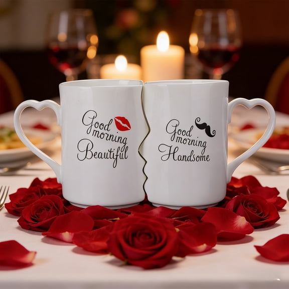Couple's Matching Mug Set, Heart Handle Ceramic Coffee Mugs with Puzzle Design, "Good Morning Beautiful & Handsome" Printed Cups, Valentine's Day Gift