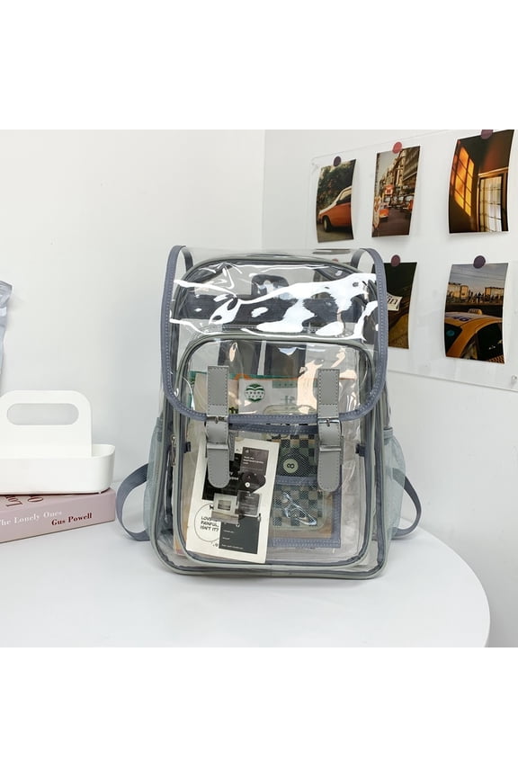 Couple style transparent PVC backpack with buckle, large capacity and resistant to fruit jelly.