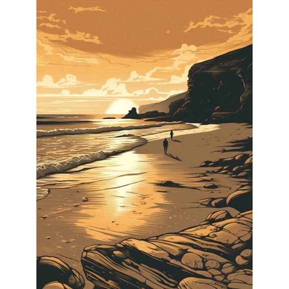 Couple walking on the Beach at Sunset Illustration Unframed Wall Art Print Poster Home Decor Premium