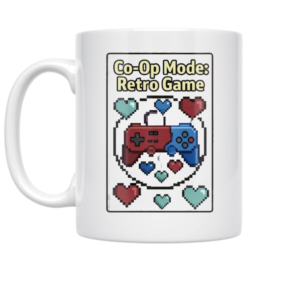 Couples 11 oz Coffee Mug - Pixel Heart Art for Gamer Partners White Ceramic