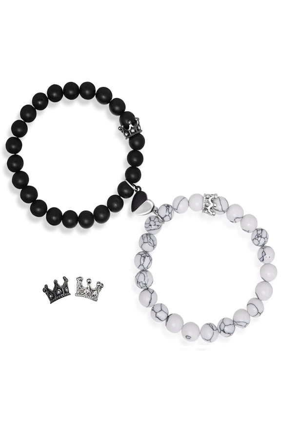 Couples Bracelets King & Queen Crown His and Her Heart Magnetic Matching Bracelets for Couple Lover Valentines Day Christmas Anniversary Engagement White Elephant Gifts (Black&White)