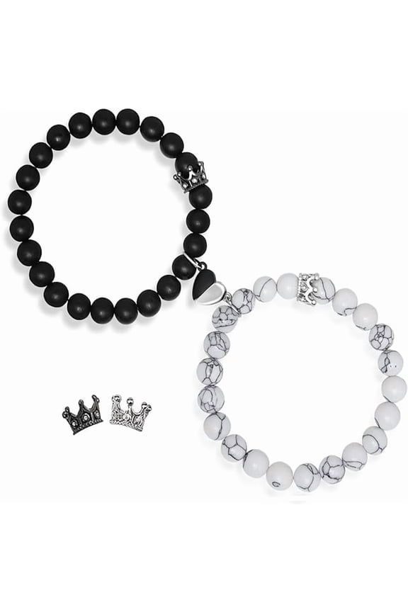 Couples Bracelets King&Queen Crown His And Her Heart Magnetic Matching Bracelets For Couple Lover Valentines Day Christmas Anniversary Engagement White Elephant Long Distance Relationship Gifts-White