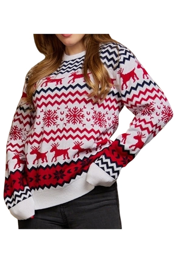 Couples' Casual Christmas Sweater Raglan Sleeve Crew Neck Knitted Pullover Comfy Warm Fall Tops White (Women) S