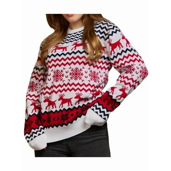 Couples' Casual Christmas Sweater Raglan Sleeve Crew Neck Knitted Pullover Comfy Warm Fall Tops White (Women) XL